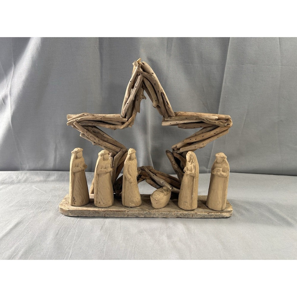 Rustic Handmade Driftwood and Plaster Manger Scene Has Wear 11"x12.25"x2.5"